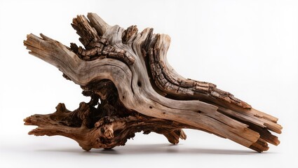 Fototapeta premium Weathered Driftwood Branch Isolated on White Background