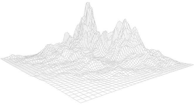 Abstract Wireframe Terrain Grid with Peaks and Valleys.