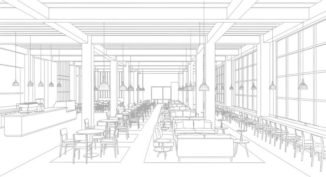 Architectural wireframe drawing of a modern restaurant interior with tables and chairs.