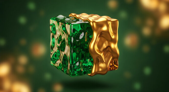 Emerald and gold cube with shiny surface details