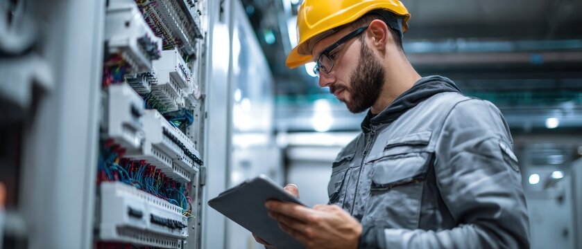 Engineer inspecting electrical panel with tablet