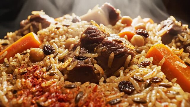 Close up steaming rice dish with tender meat chunks, carrots, chickpeas and aromatic spices, close up of traditional pilaf or plov with rich texture and warm appetizing presentation