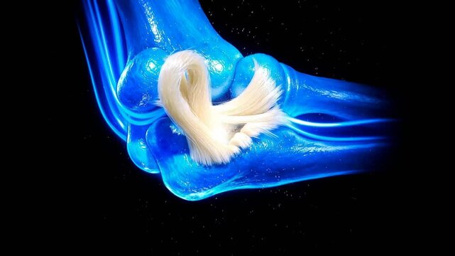 3D anatomical animation of ulnar collateral ligament (UCL) tension and contraction. Glowing neon elbow joint with red ligament tensing to demonstrate medial stability and valgus stress support.
