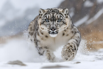 Fototapeta premium Snow leopard walking through snowy terrain in winter, creating a powerful wildlife scene with sharp focus, cold mountain atmosphere, and majestic natural beauty.