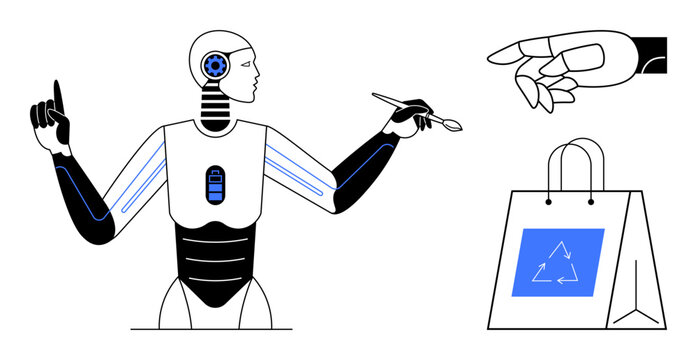 Artificial intelligence, sustainability, recycling, human-robot interaction, automation, future tech. A humanoid robot with a digital interface, robotic hand and recycling bag. AI and sustainability