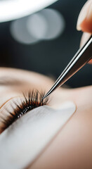Eyelash Extension Procedure Close Up with Tweezers in Beauty Salon