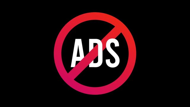 Ad blocker animation showing ads text replaced by no ad symbol. Advertising free browsing, ad blocking tools and privacy protection in loopable flat minimal 2D motion graphic using 2026 trends