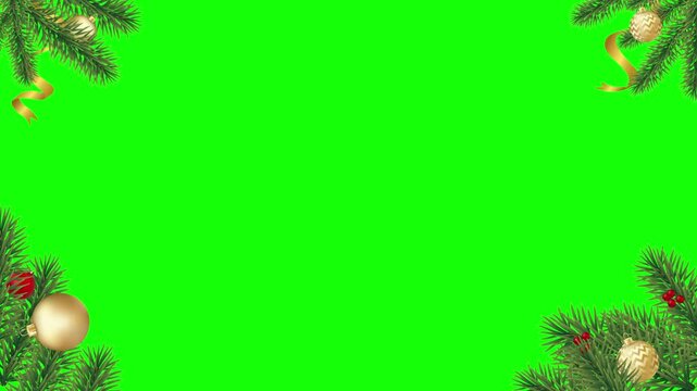 Bright blue text saying salut featured on a vivid green background surrounded by festive christmas tree decorations