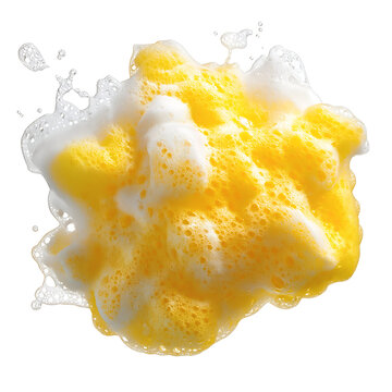 A vibrant yellow sponge creates a splash with soap foam and water droplets.
