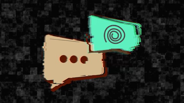 AI hallucination and LLM errors drive glitch-style chat bubbles with chatbot misunderstanding responses. Ai hallucination examples in loopable flat minimal 2D motion graphic, AI-powered 2026 trends