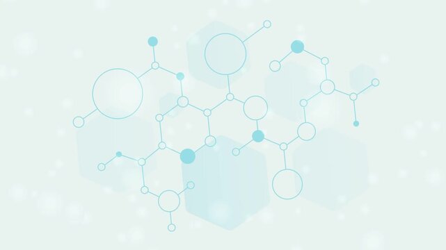 Peptide molecule network, chemistry biology nanotechnology data connections. Loopable 2D motion graphic, 2026 trends, dynamic transitions, enhancing research and innovation storytelling background