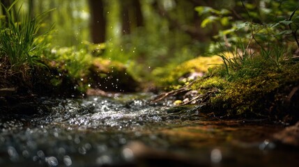 Fototapeta premium Close up of a flowing stream in a lush forest
