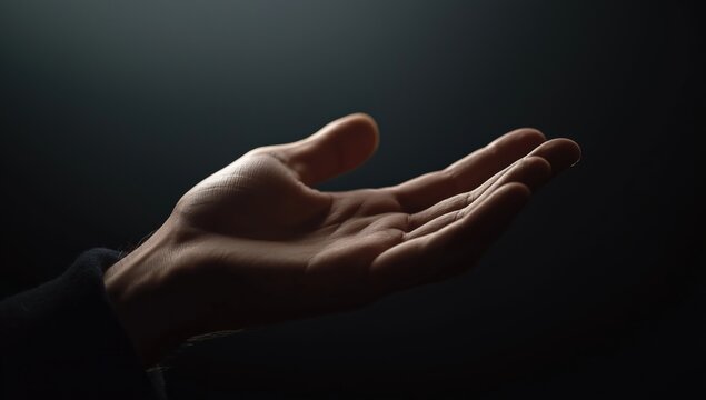 Hand with palm up, receiving light, symbolizing concepts of reaching out for help, hope, poverty, and begging