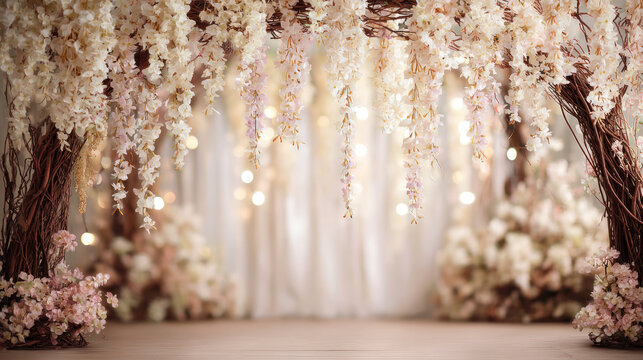 Wedding backdrop floral arch hanging wisteria willow branch soft light dreamy atmosphere romantic elegant wedding scene.