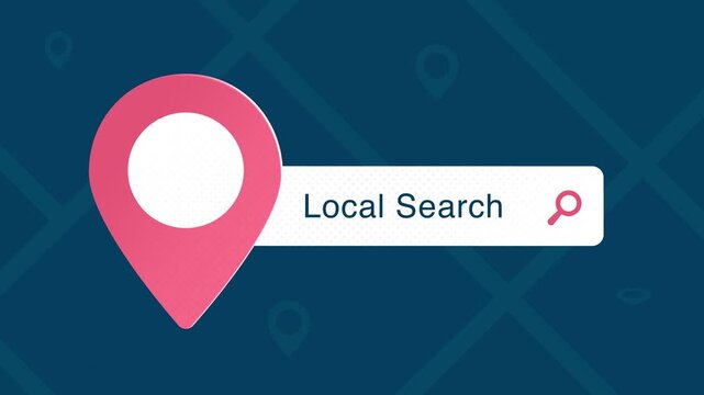 Local search animation with map, location pin and typing search bar. Hyperlocal SEO, geolocation marketing and nearby business discovery, loopable flat minimal 2D motion graphic using 2026 trends