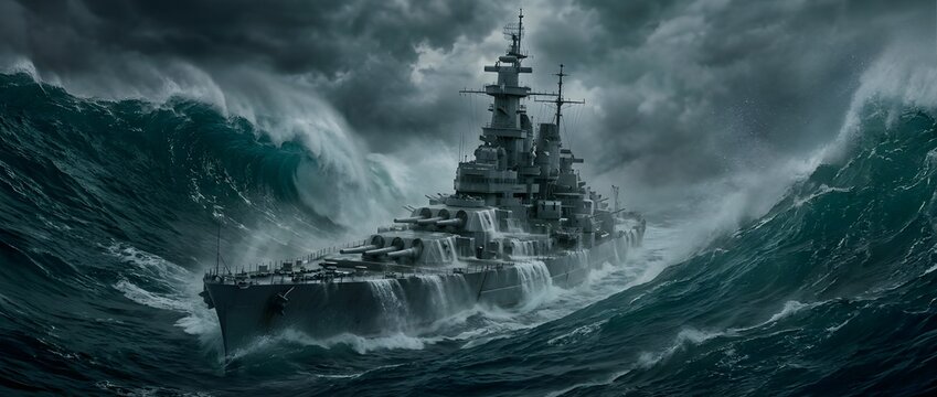 Towering Steel Dreadnought Surrounded by Monolithic Rogue Waves Reaching Its Communication Towers at Sea