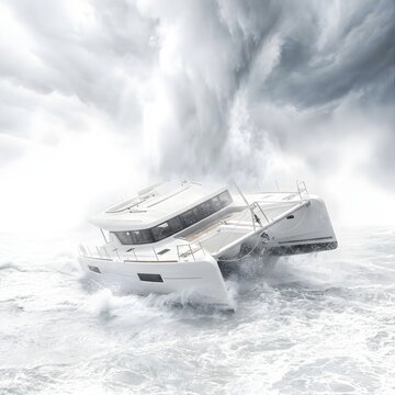 Pristine White Luxury Catamaran Thrown by Sudden Microburst Storm as Water Explodes into Mist