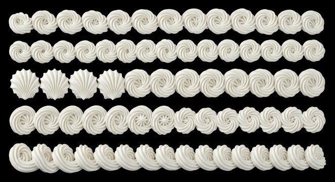 White whipped cream swirls and frosting borders, decorative cake icing piping patterns on black background, sweet dairy cream swirls