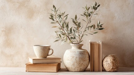 Fototapeta premium Still life with coffee cup books and plant in a vase