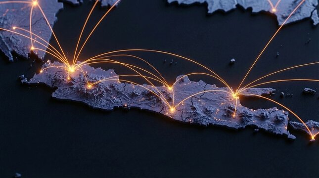 An illuminated network of orange lines connects key locations across the Indonesian island of Java, symbolizing trade routes and modern connectivity.