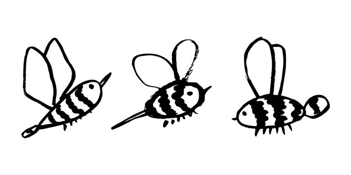 Set of hand drawn happy funny cute honey bee clipart Adorable flying striped insect friendly kawaii bumble bee For kids print, web, design, decor, logo