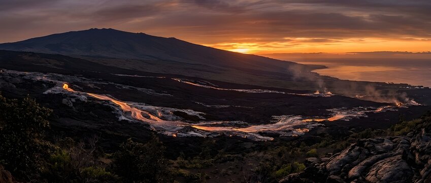 Expansive Panoramic Shield Volcano Releases Slow Luxurious Lava Flows Beneath a Glowing Sunset Horizon