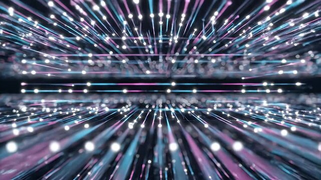 Abstract Digital Network of Glowing Particles and Light Streaks.