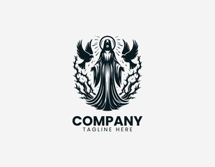 Fototapeta premium Robed female figure with halo doves and thorn branches in clean modern black vector logo illustration style on a white background