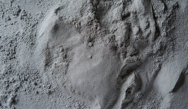 Gray powder creating a textured surface. Material showing fine grains and abstract patterns, ideal for industrial backgrounds