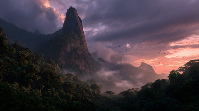 View of pico cao grande, a volcanic cone on the island of sao tome. Background illustration of a historical site in sao tome.
