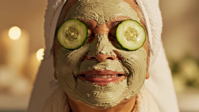 Woman relaxing with face mask and cucumber slices.