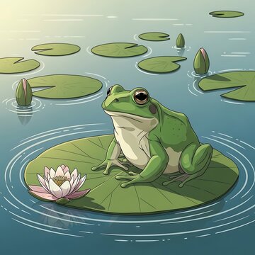 Green Frog Sitting on Lily Pad.