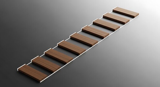 Broken wooden staircase with missing steps on a gray background