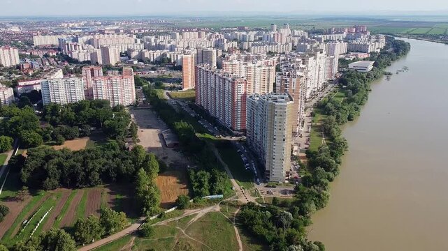 Aerial view of the Yubileiny district in Krasnodar and the Kuban River