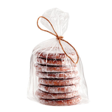 Raw meat patties wrapped in plastic bag with string tied around