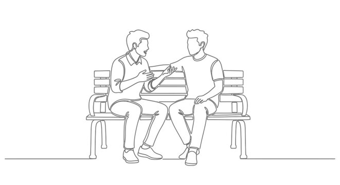 Continuous line drawing of two young men talking while sitting on a park bench.
