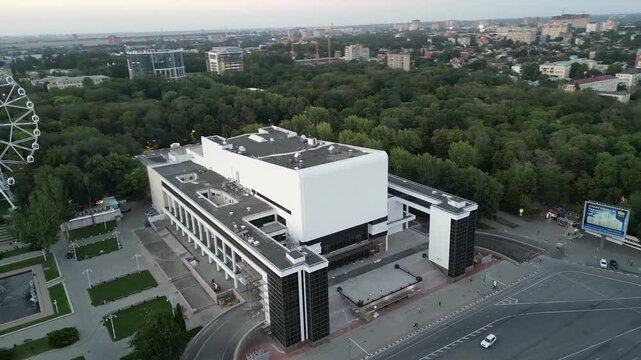 An aerial view of the Maxim Gorky Academic Drama Theatre, an example of constructivist architecture in Rostov-on-Don