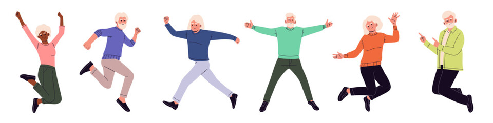 Flat vector illustration set of happy senior people jumping and celebrating in different poses. ideal for retirement life, wellness, healthy aging, community activities, and positive senior living 