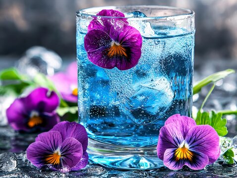 Vibrant Blue Floral Cocktail with Ice and Pansy Flowers, Refreshing Summer Drink