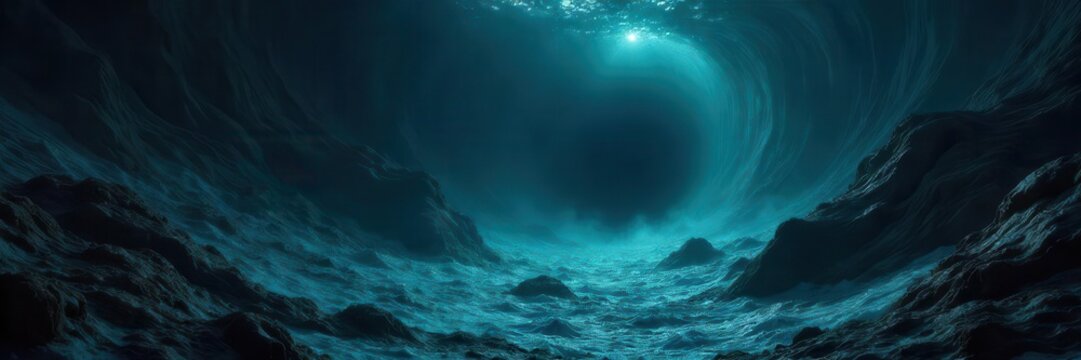 A haunting image of a mysterious and dark sea resembling a black hole, with deep abyss-like waters in an eerie and surreal underwater world , haunting, water
