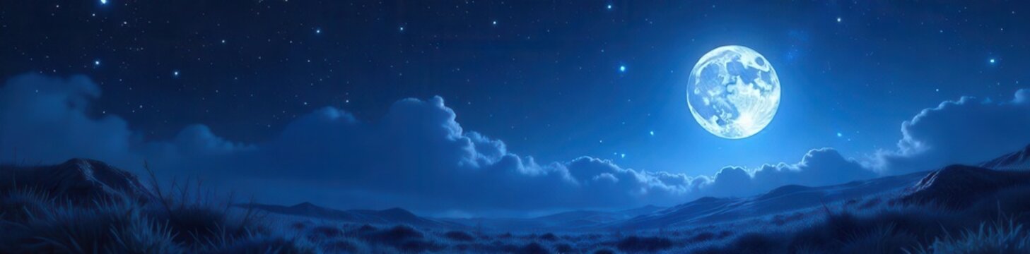 A mesmerizing scene of deep blue twilight with a silver moon surrounded by diamond dust stars in the vast universe of darkness , silver moon, peaceful