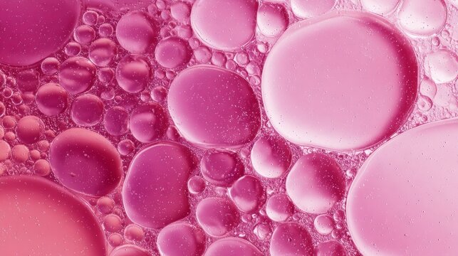 Abstract pink oil bubbles background featuring glossy cosmetic liquid spheres and fluid beauty texture with soft pastel tones, capturing a dreamy skincare and molecular oil and water droplet compositi