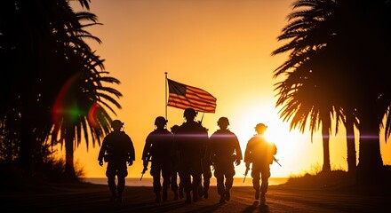 Naklejka premium Honoring heroes a powerful memorial day silhouette of soldiers against a vibrant sunset