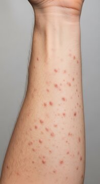 Skin rash on human arm closeup.
