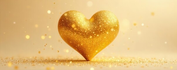 Fototapeta premium A symmetrical design of a glittery golden heart on a beige background with falling sparkles, perfect for luxury design elements , glam, ornate