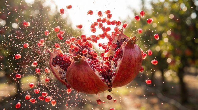 High speed shot of pomegranate seeds exploding with juice backlit by sunlight