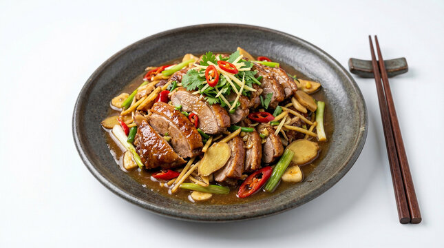Close-up commercial food photography of traditional stir-fried duck with julienned fresh ginger, wood ear mushrooms, and scallions in a savory wok-fried sauce. Rich, appetizing colors, perfect for Asi