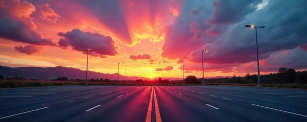 An empty parking lot at sunset with vibrant colorful skies and dramatic clouds, creating a serene and tranquil scenic view , colorful, scenic