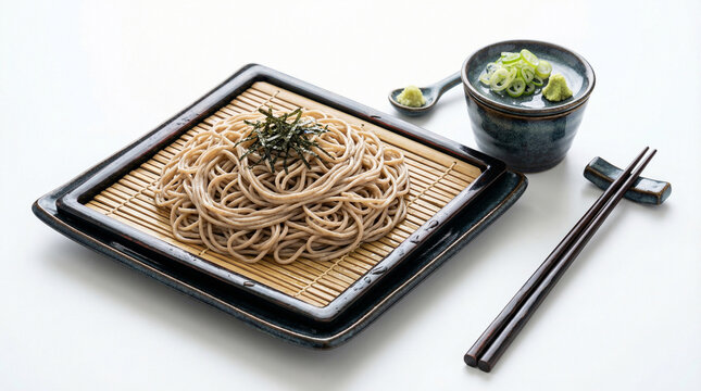 Traditional Japanese Zaru Soba (cold buckwheat noodles) topped with shredded nori seaweed, served on a bamboo tray with tsuyu dipping sauce, wasabi, and green onions. Set in a modern minimalist Japane