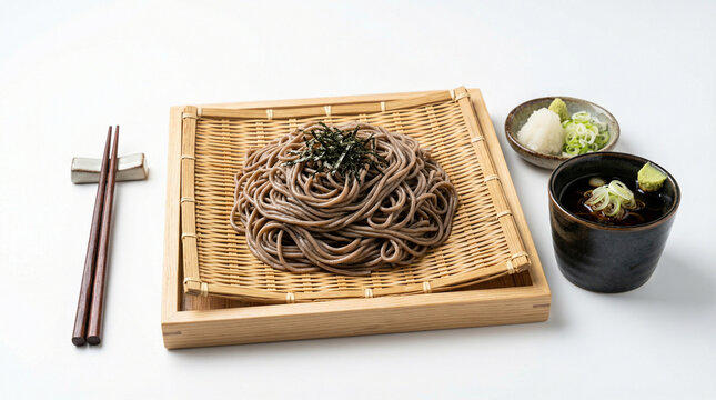 Traditional Japanese Zaru Soba (cold buckwheat noodles) topped with shredded nori seaweed, served on a bamboo tray with tsuyu dipping sauce, wasabi, and green onions. Set in a modern minimalist Japane